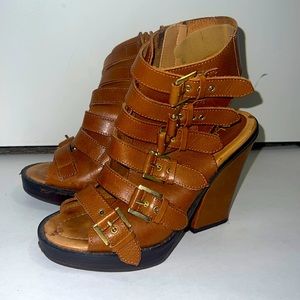 EUC Brown Leather Gladiator Open Toe 4.5” Heel Booties by ALDO